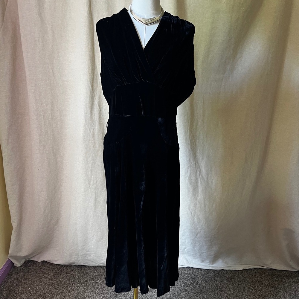 Vintage Black Velvet Bias Cut‎ Dress 1940s Style Talon Zip Midi Dress S/M